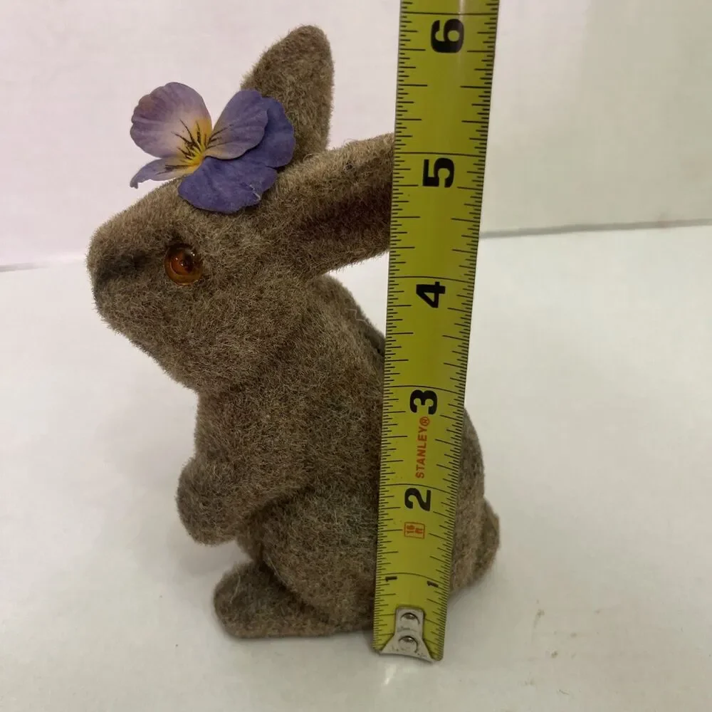 Vtg Flocked Fuzzy Brown Bunny Rabbit Animal Figure Coin Bank Piggy Bank Pansy 6”